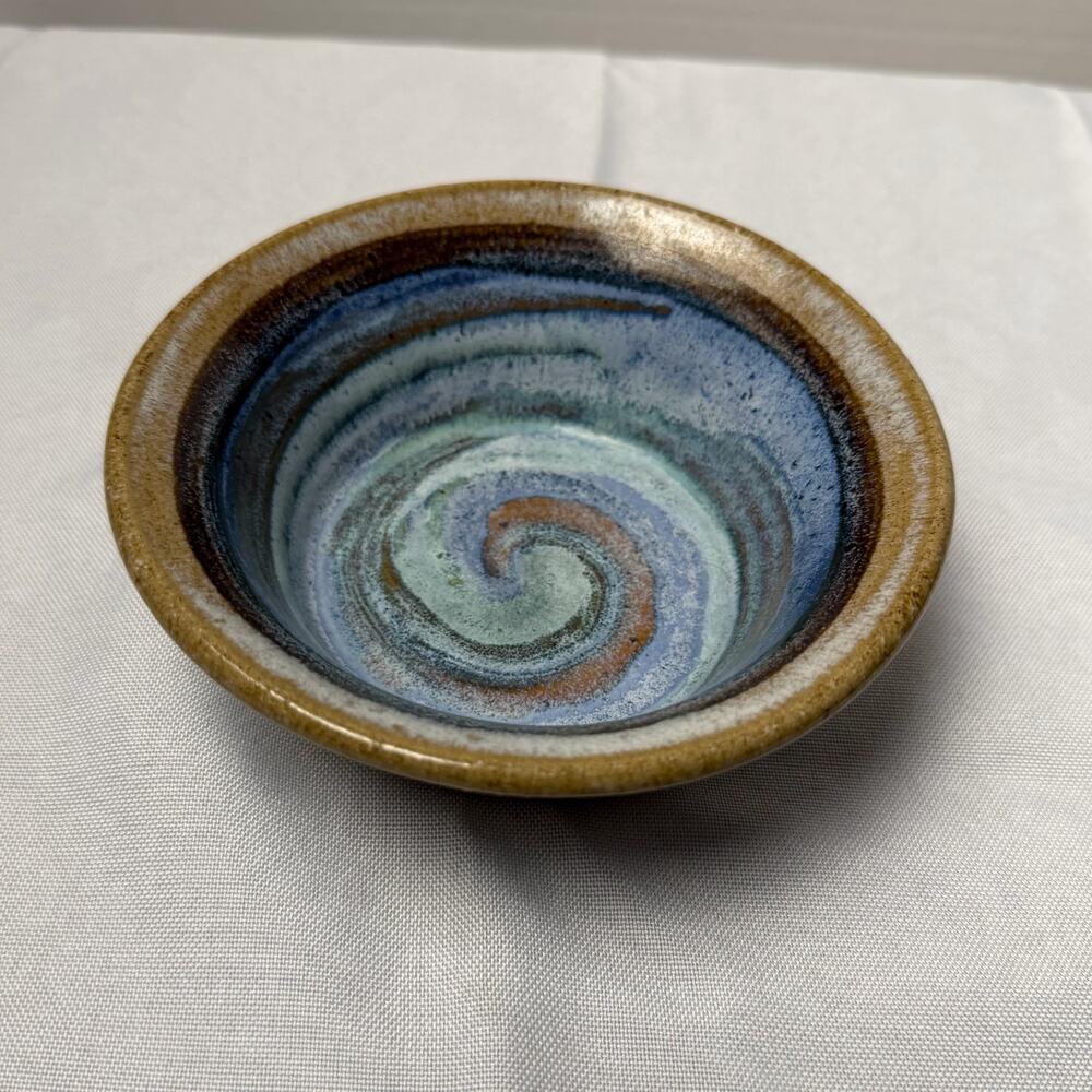 VTG Studio Pottery Bowl Swirl Glaze Stoneware Blue Green Brown Handmade Ceramic